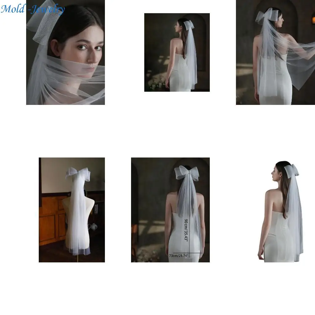 

69HB Wedding Bridal Veil Double Layers Short Length Sheer Veils with Bowknot Hair Accessories for Bride Cut