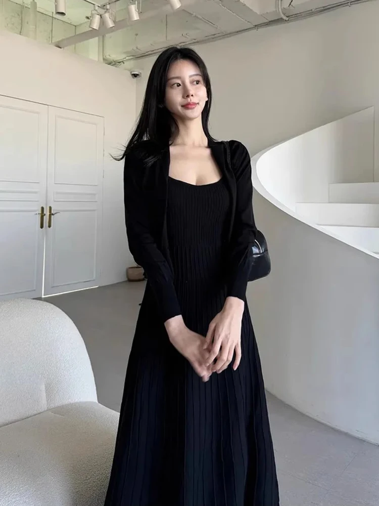 

Liangliang женский трикотажный комплект Long Sve Bla на бретельках миди, новинка весны, высококачественный комплект из двух предметов Faion Ensemble