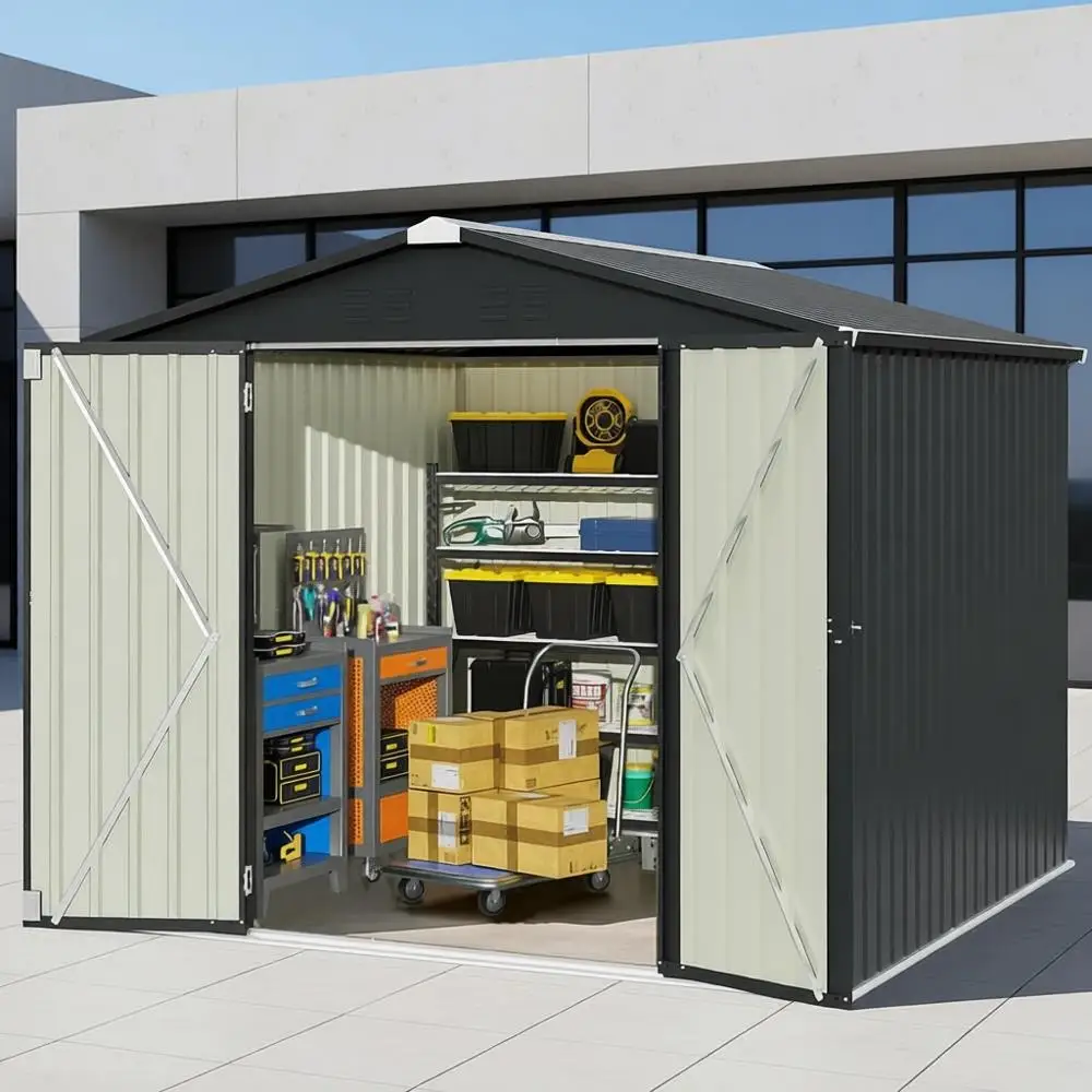 Sturdy 8x8 Outdoor Metal Storage Shed with Lockable Door for Backyard or Patio Use