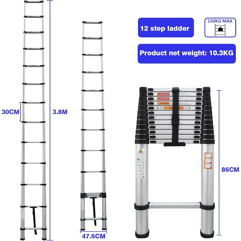 Aluminum Telescoping Portable Extension Ladder - 12.5FT Anti-Slip, Multi-Purpose Lightweight Folding Ladder for Home, Outdoor