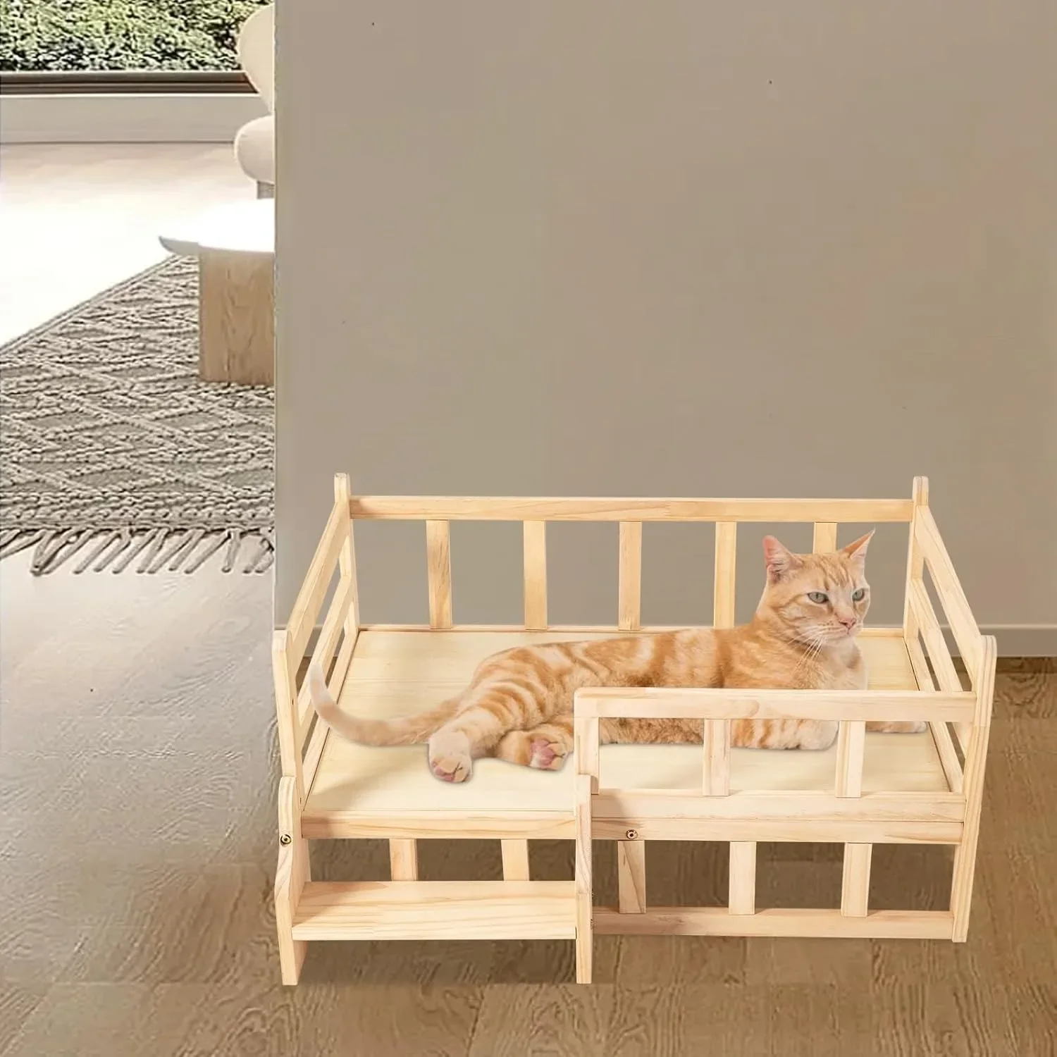 

Solid Wood Elevated Pet Bed for Cats & Small Dogs, Natural Pine Wood, Non-Toxic, Easy Assembly, with Safety Fence/Anti-Slip Pads