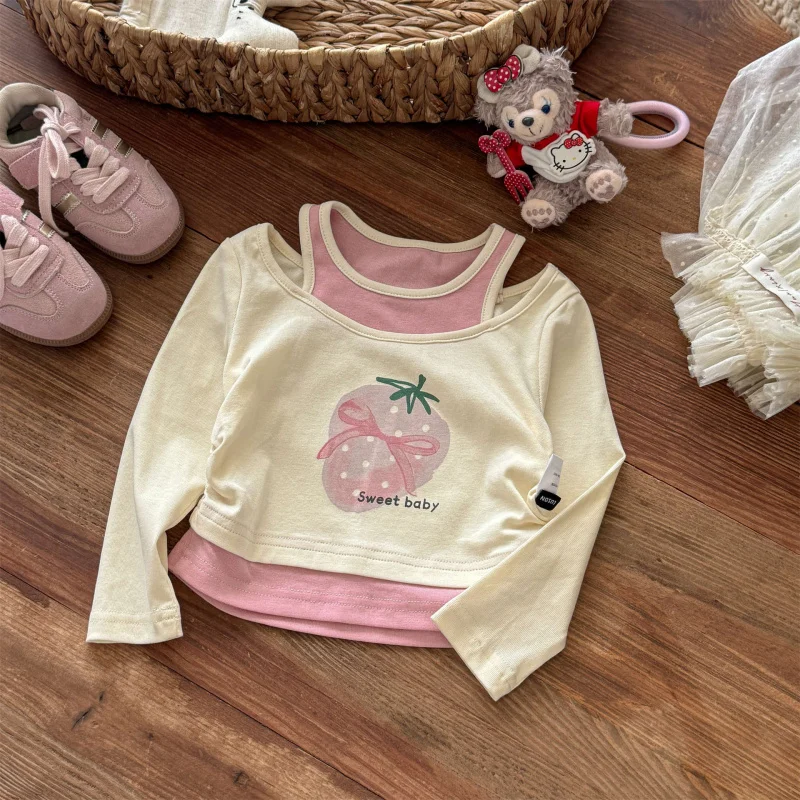 

Korean Girls' Spring and Autumn New Fake Two-PieceTT-shirt New Cartoon Animal Print Cute Top Shirt