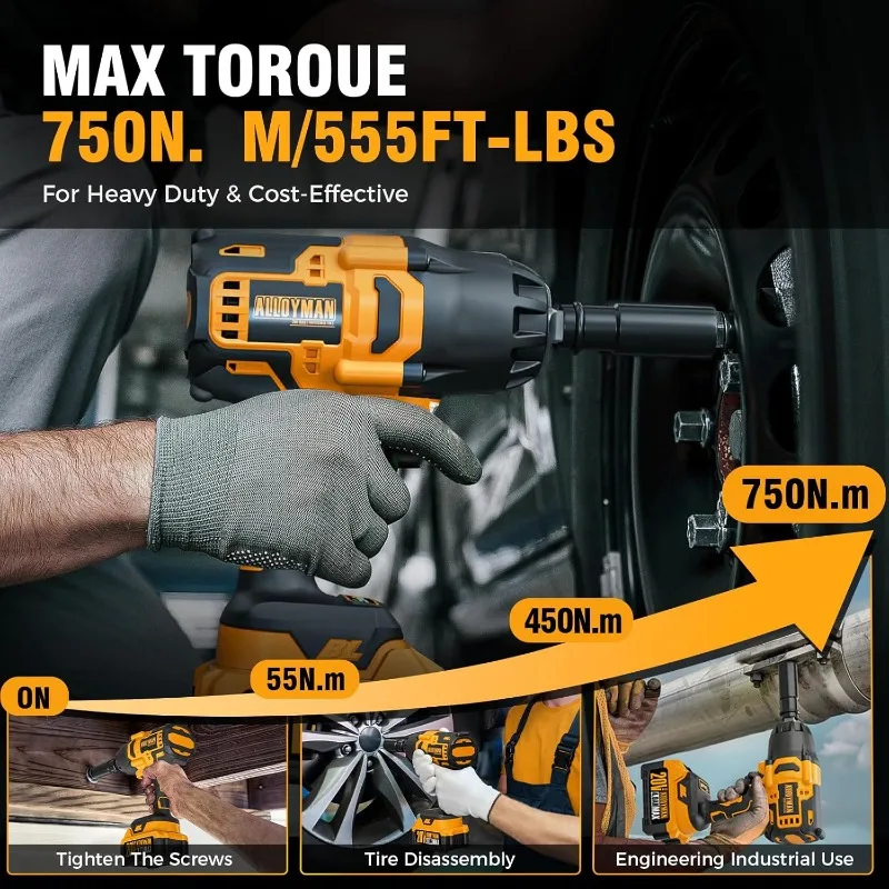 n 1/2 inch Impact Wrench Cordless, (750 N.m) 555 Ft-lbs Hight Torque Wrench,20V Power Impact Driver, Brushless Motor 2000