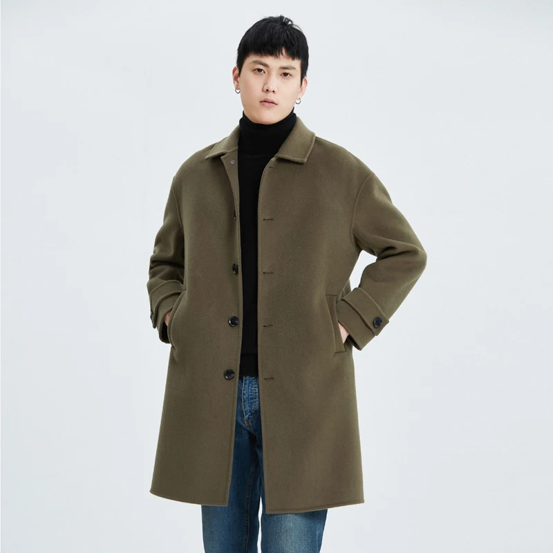 Winter New Men's Long-Cut Coat 100% Pure Wool Polo Collar Buckle Coat Trendy Men's Jacket Top Thick and Comfortable All-Matching