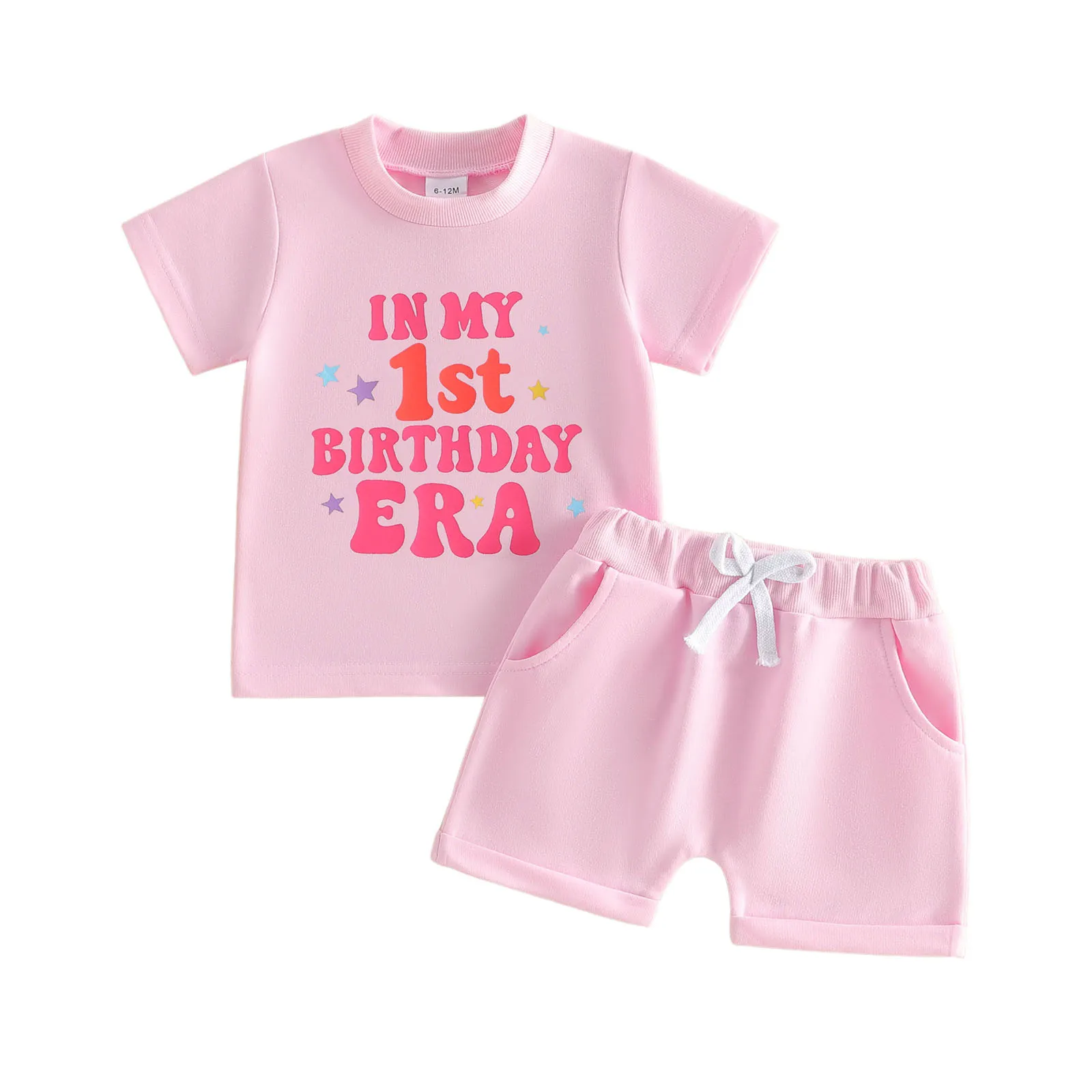 

Комплект из 2 предметов для маленьких девочек на день рождения: топы с короткими рукавами и принтом звезд и букв, шорты, весенняя одежда для малышей