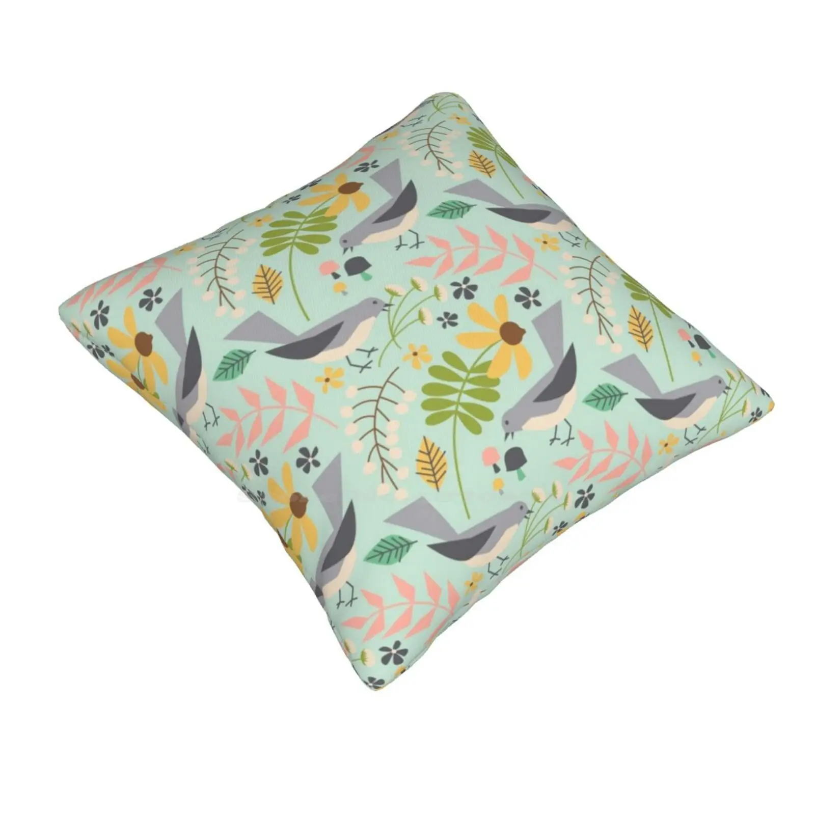 Meadowland Pillow Cover Hug Pillowcase Spring Mushrooms Birds Floral Leaves Berries Flowers Sprigs Summer Meadowland Branches