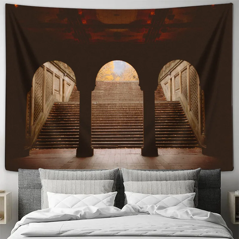 Triple Arched Staircase with Autumn Trees in Background Tapestry Machine Washable All Season Decor Home Living Room Bedroom Wall