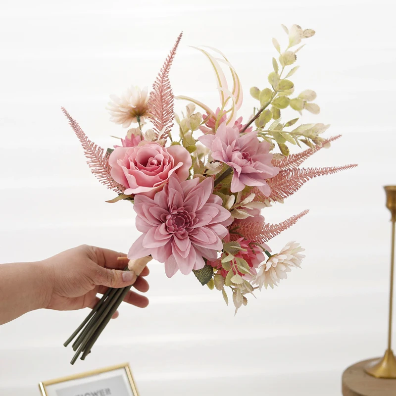 داليا روز ديزي زهور الخريف المزيفة زهرة اصطناعية الحرير المنزل عيد الميلاد عيد الحب باقة ديكور الزفاف العروس ديكور #3