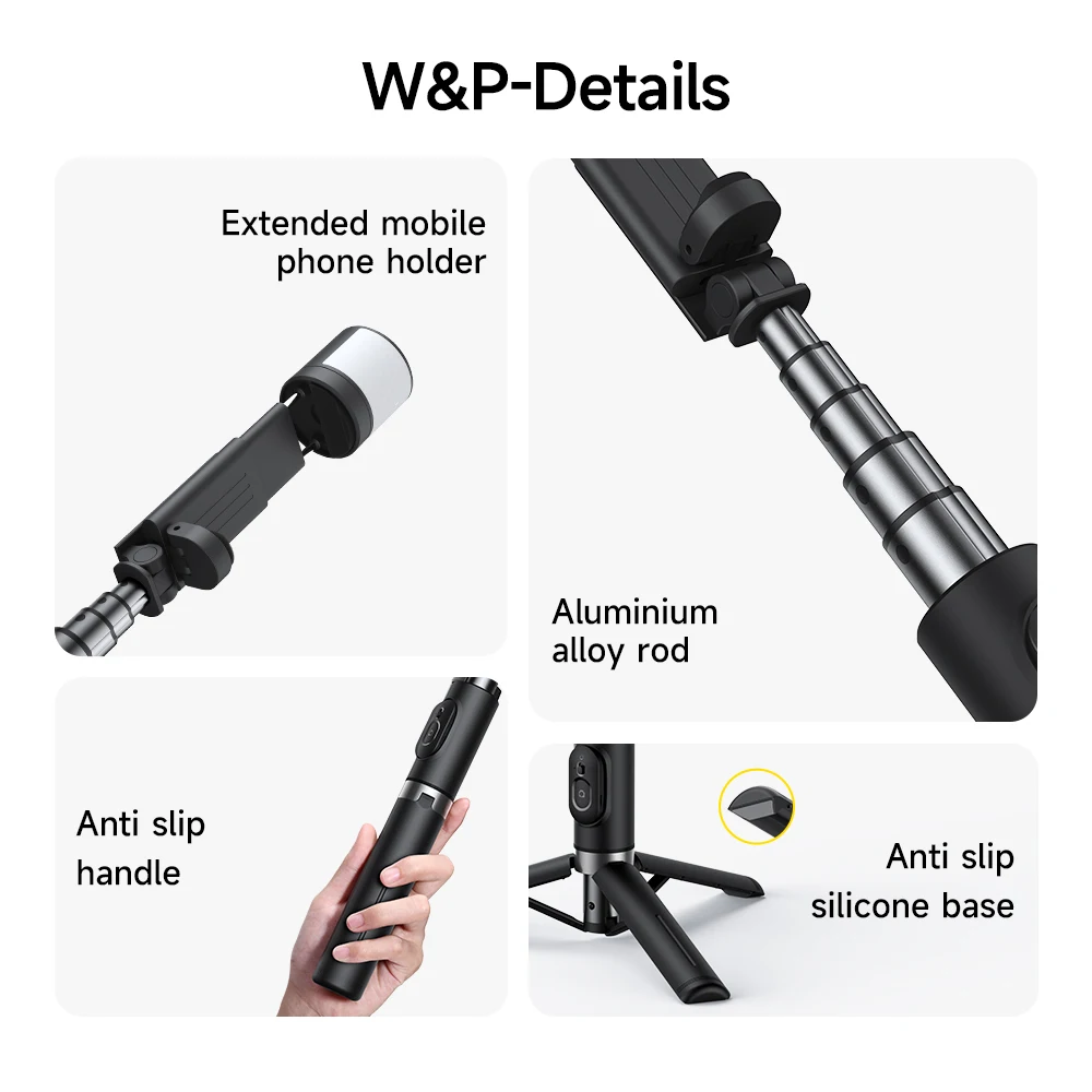 W&P Selfie Stick 28 Inch Bluetooth Handheld Monopod Reinforced Stable Expandable Tripod with LED Light Remote Shutter for Phone