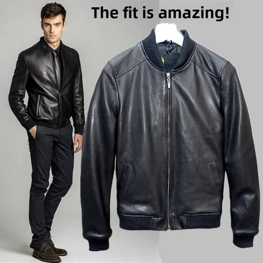 

Slim Fit Genuine eepskin Top Layer Leather Men's ort Sle Baseball Jaet Zipper Closure Casual Faion Urban Winter Coat