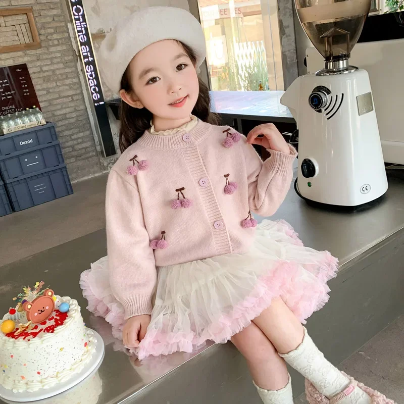 Baby Girls Sweaters Autumn Winter Children Knitted Cardigan Jacket Comfortable Toddler Kids Sweater Cherry Princess Clothing