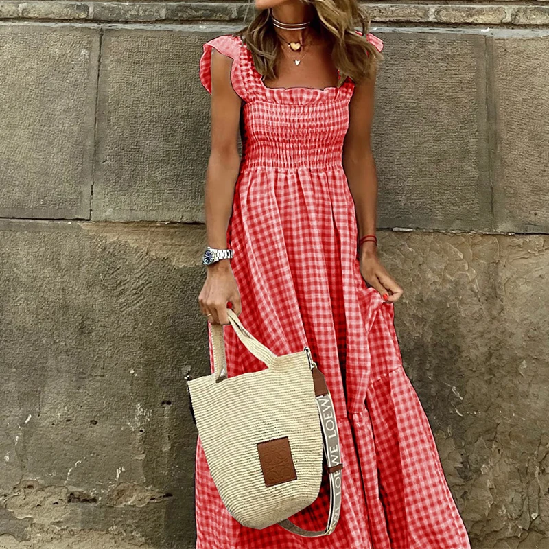 Elegant ผู้หญิงฤดูร้อนลายสก๊อต Maxi ยาวชุดวันหยุดสบายๆ Backless Beach Sundress จีบ Boho Party ชุดหลวม