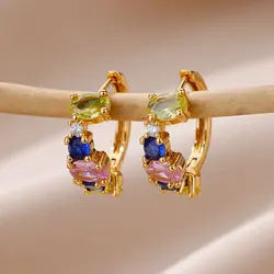 Colored Zircon Oval Earrings For Women 2023 Trending Gold Color Stainless Steel Hoop Earrings Wedding Engaement Jewelry Gifts