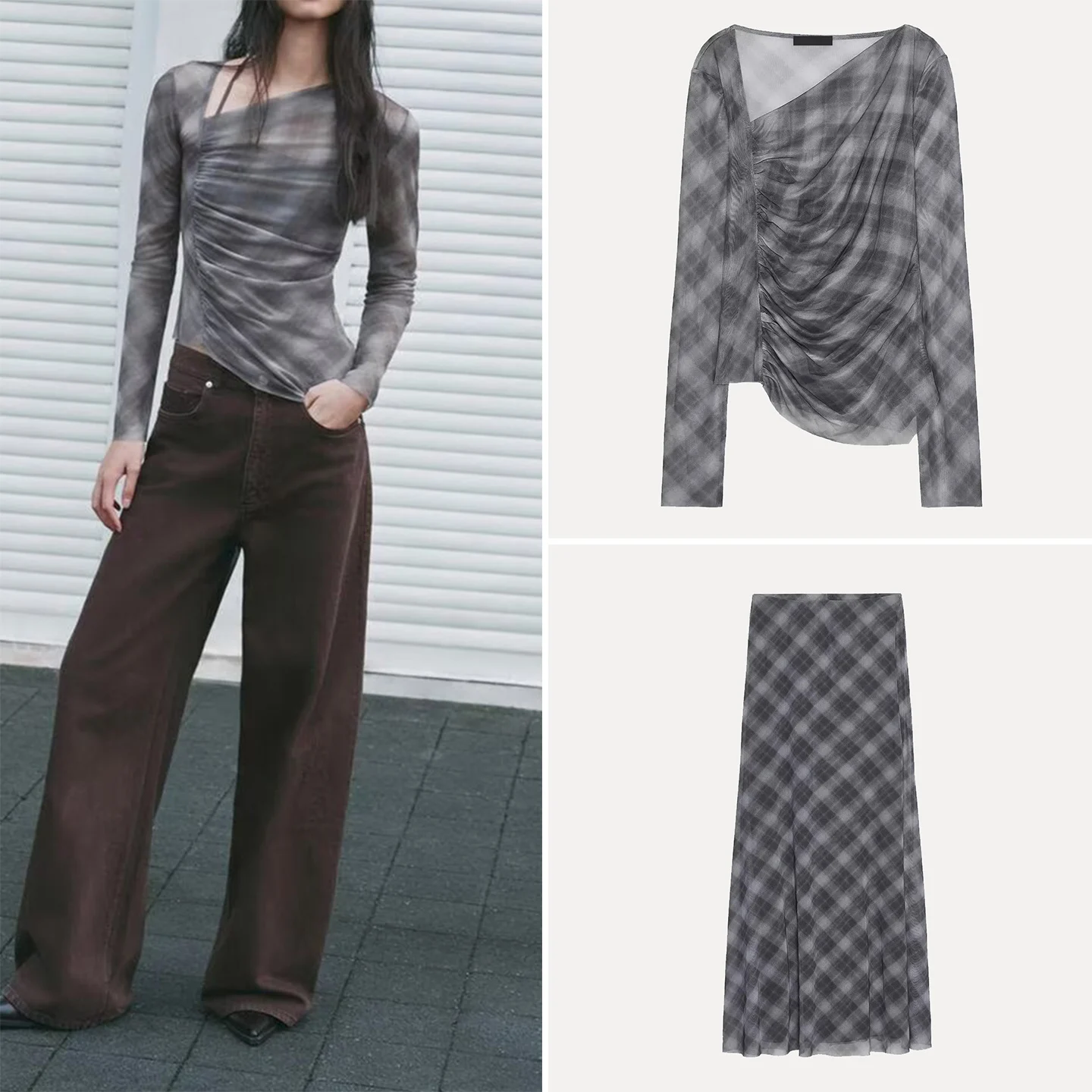 

Z женский модный комплект, осень 2022, клетчатый шелковый сетчатый топ и юбка с высокой талией, длинная юбка с высокой талией для взрослых, четыре сезона