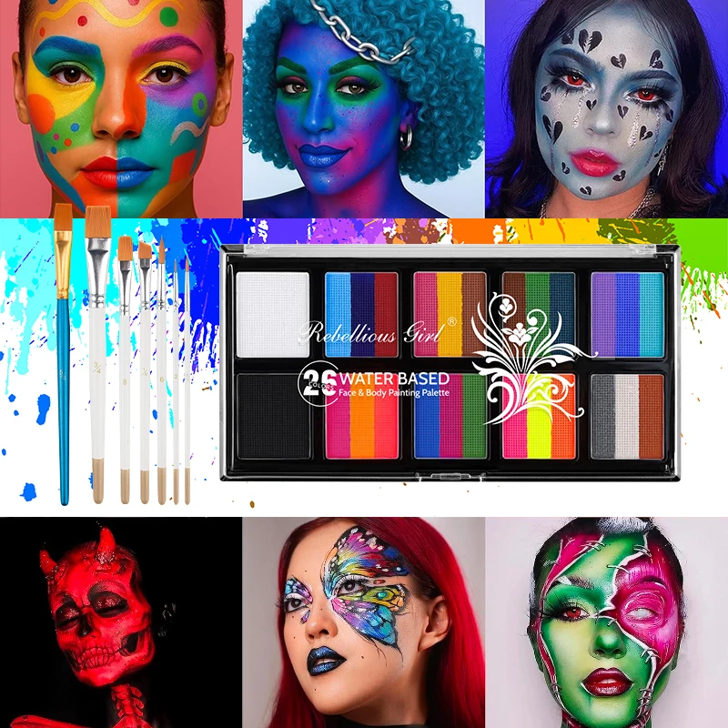 مجموعة طلاء الوجه والجسم مكونة من 26 لونًا مع فرش قابلة للذوبان في الماء بالأشعة فوق البنفسجية مضيئة للأطفال والكبار فن الطلاء على الجسم لعروض المسرح والمكياج #2