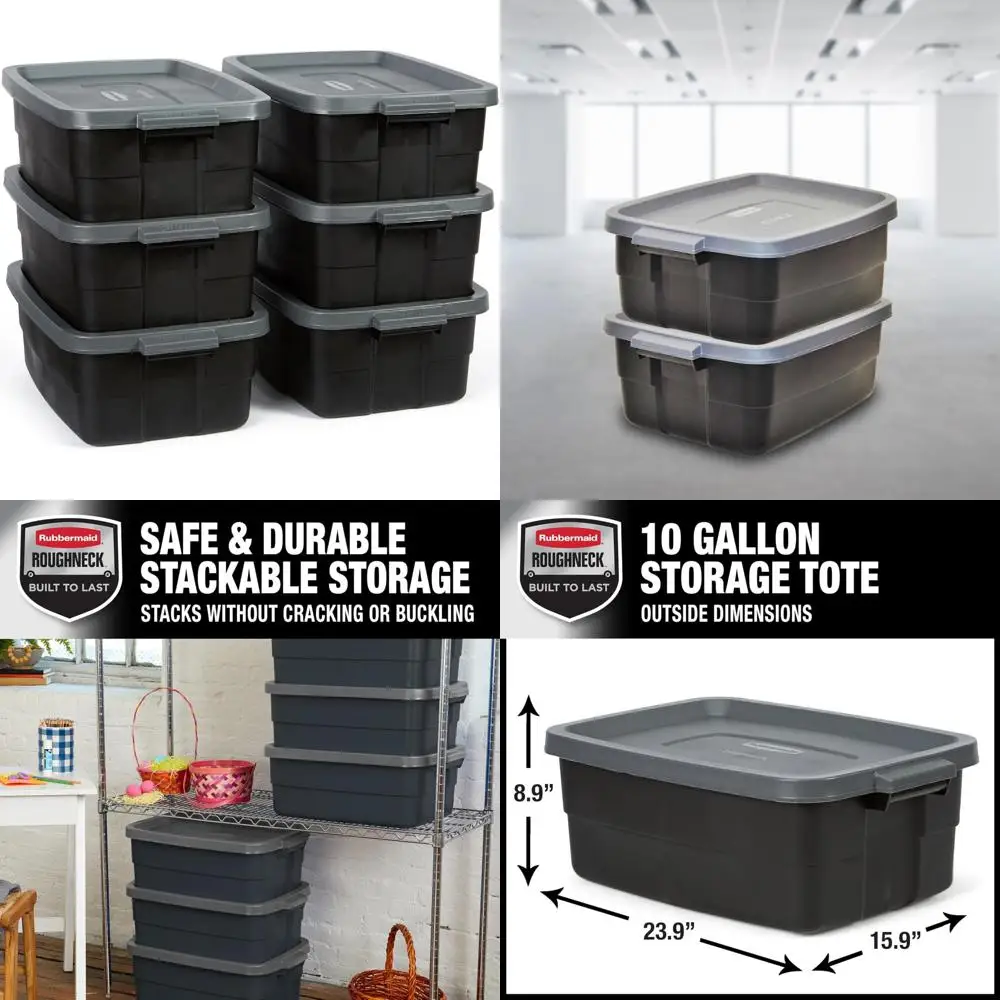 Rubbermaid Roughneck 10 Gallon Storage Totes, Set of 6, American-made, Black