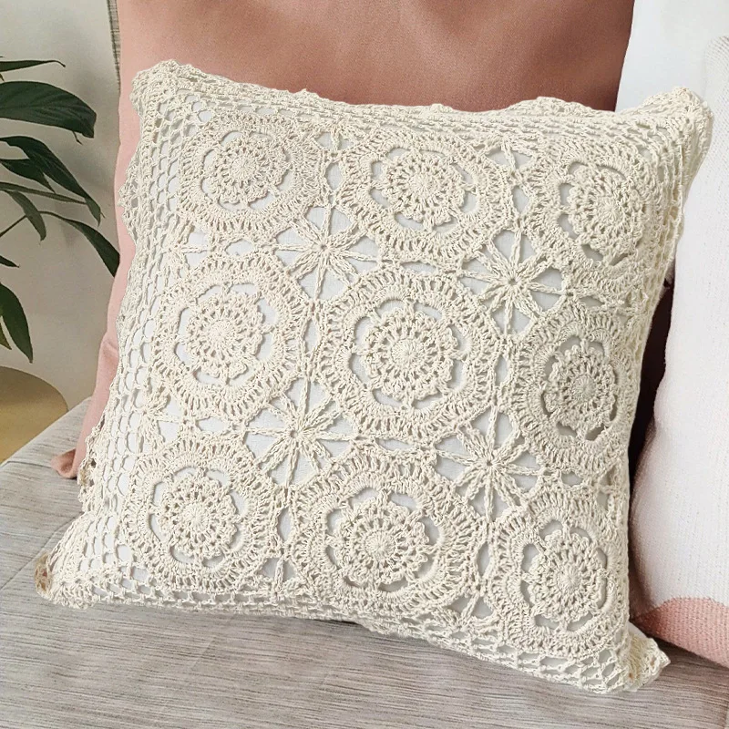 

Boho Handmade Crochet Throw Pillow Cover Hollow Flower Beige Bohemian Lumbar Cushion Sofa Car Living Room Bedroom Home Decor