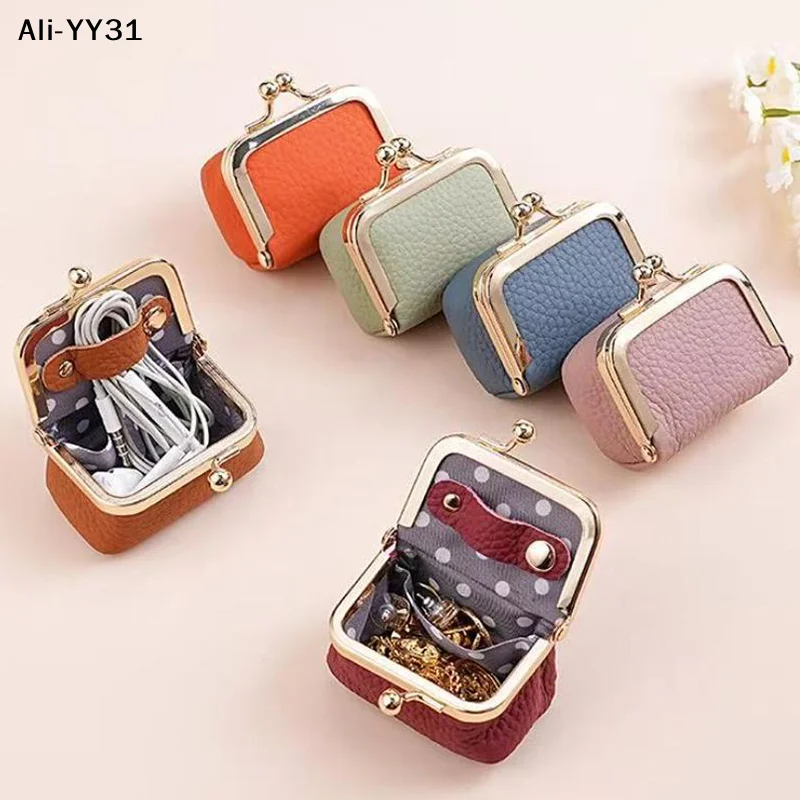 【YW】Wallet PU Kiss Lock Coin Purse Solid Color Square Leather Jewelry Bag Multifunctional Mini Small Item Bag Earrings
