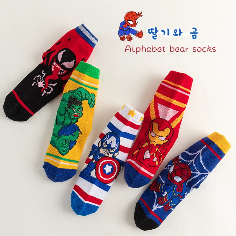 5 Pairs New Children Socks Cartoon Spider Boy's Socks Spring Autumn Middle Tube sock Cotton Cute Kids Socks Size 1-12 Years