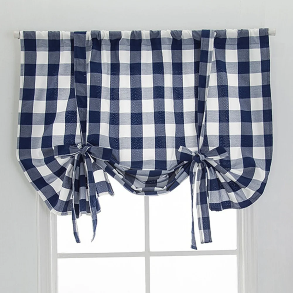 Tie Up Curtain for Kitchen Cafe Adjustable Balloon Lines Checkered Roman Shades for Small Window Rod Pocket Window Covering