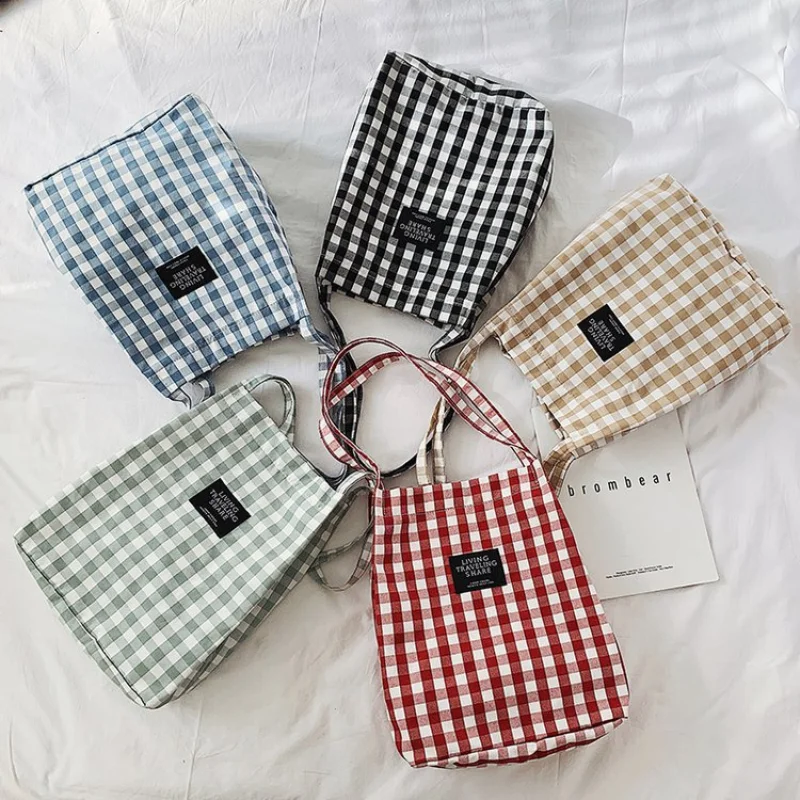 Fashion Durable Women Student Cotton Linen Single Shoulder Bag Shopping Tote Check Plaid Female Flax Canvas Shopping Bags 2024