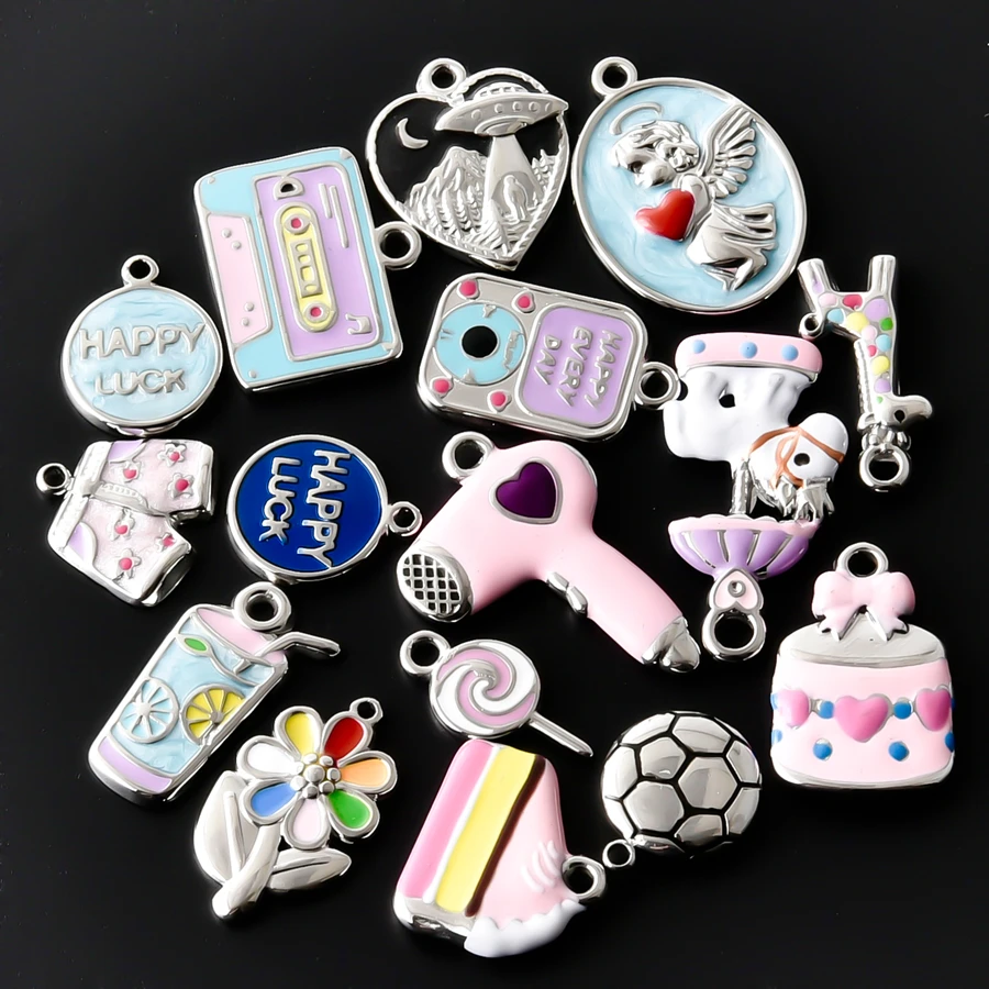3pcs/Lot Oil Dripping Cake Hair Dryer Daily Supplies Charm Stainless Steel Pendants For Jewelry Making Girl Pendant DIY Craft