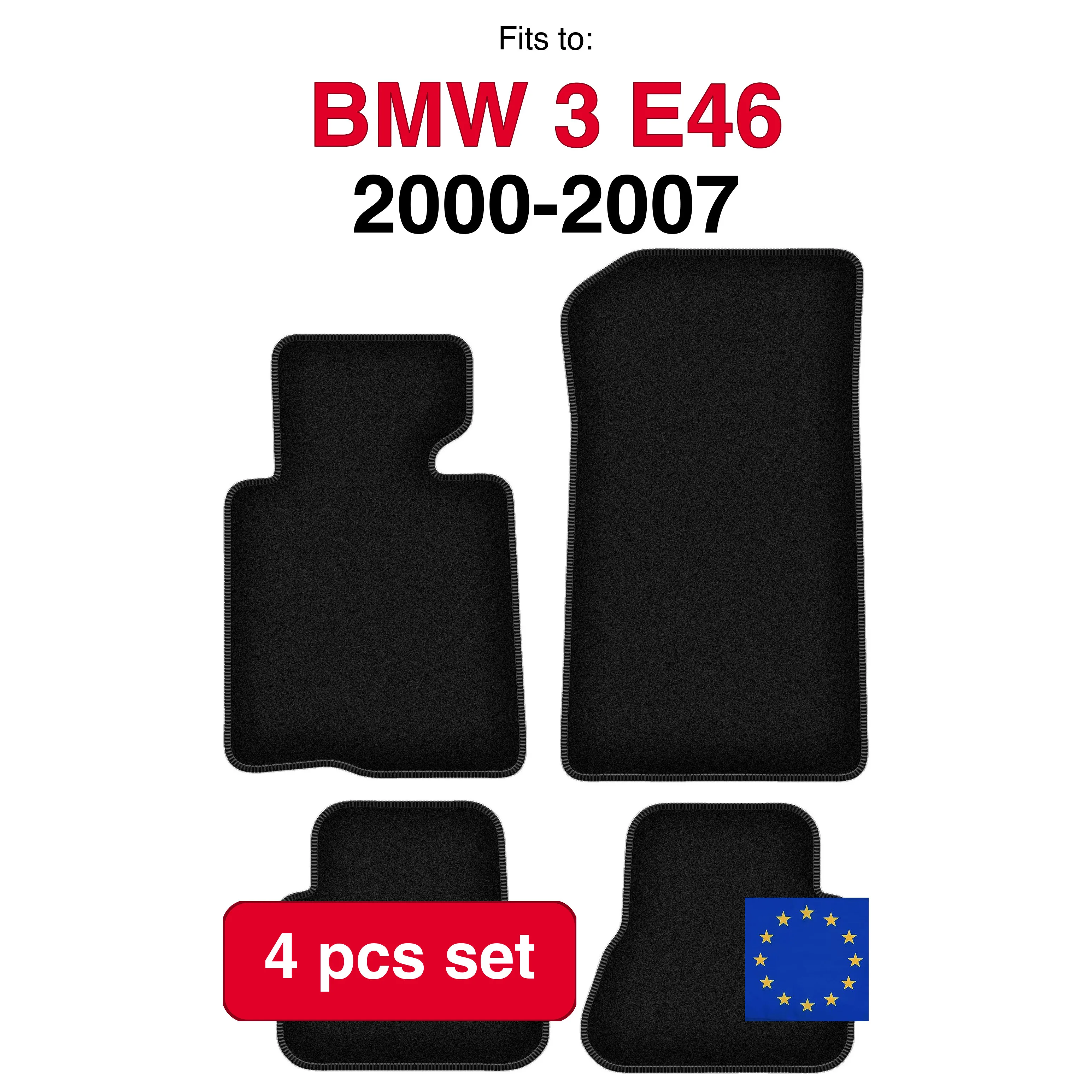 Image of Veloursteppich-Set für BMW 3 E46 Cabrio (2000-2007) - Schwarz (4-teilig) passgenaues Auto-Fußmatten-Set
