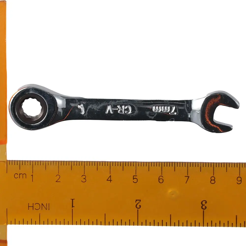 7mm Ratcheting Wrench Alloy Steel Short Fixed-Head Stubby Ratchet Spanner Metric 72 Teeth Combination Wrench