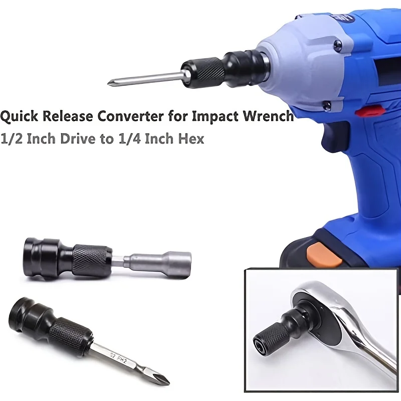 Quick Release 1/2-Inch Square Drive to 1/4-Inch Hex Female Socket Adapter Converter Chuck Adaptor for Impact and Ratchet Wrenche