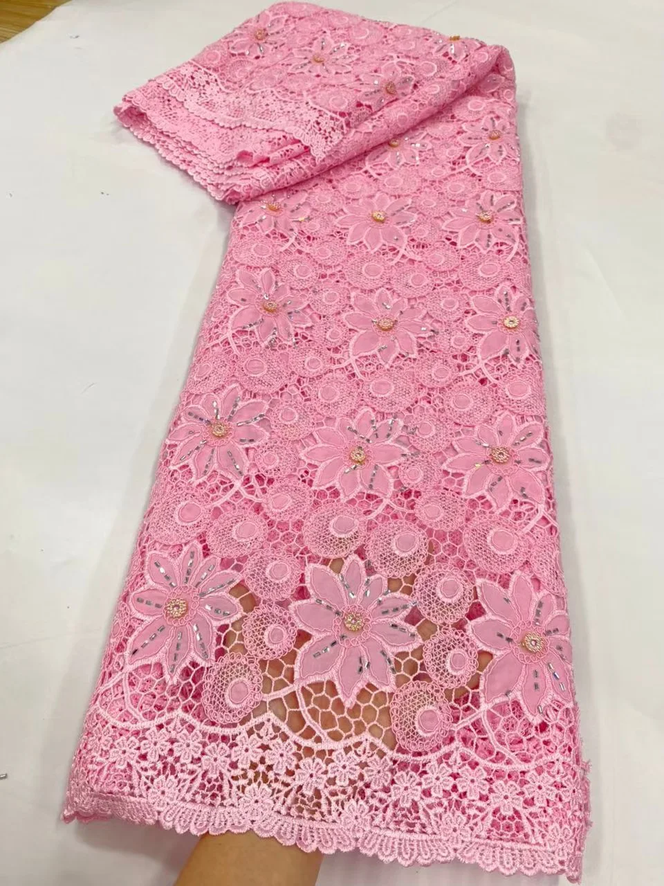 

Cord Guipure Lace Fabric 2025 Embroedery African Water Soluble Lace Fabric with Stone For Nigerian Luxury Dress Party 5Yads