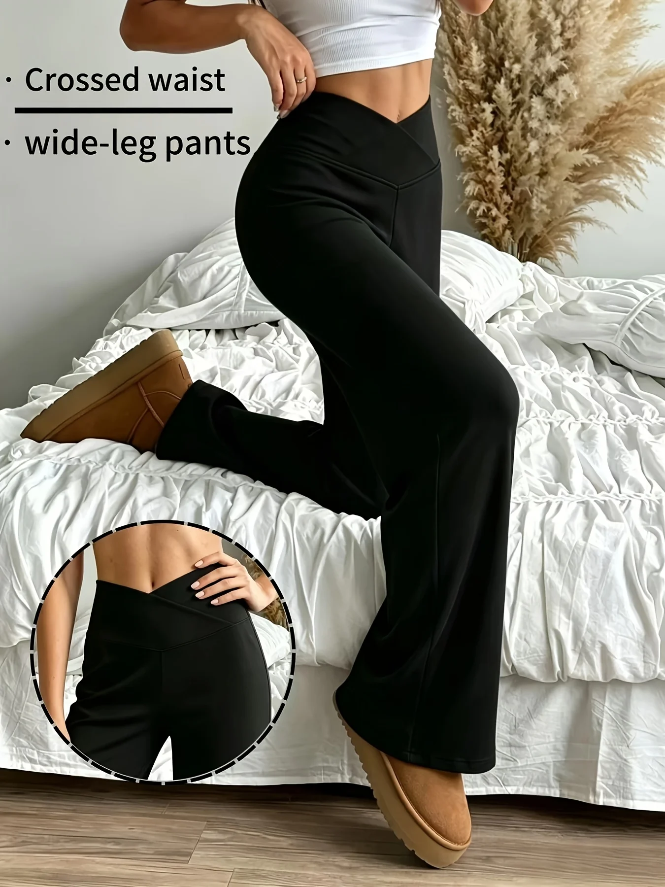 1 Piece Simple Casual Cross Waist Straight Pants, Breathable Fabric, High Waist Elasticity Suitable for Exercise and Fitness