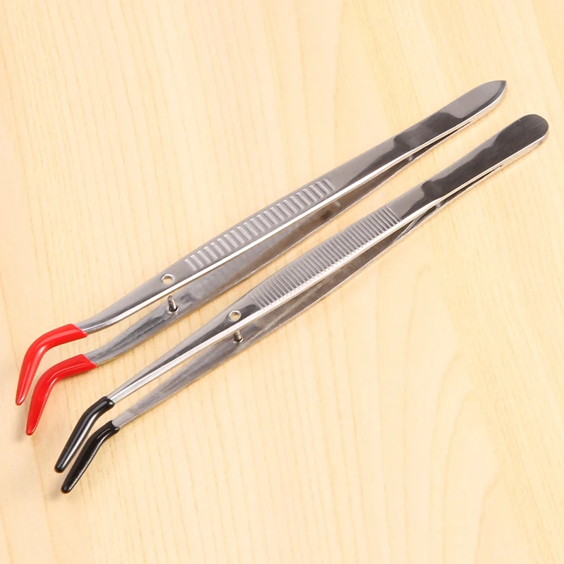 2 PCS Tweezers Curved Bent Rubber Tip Tweezers Stainless Steel Crafts Tweezers For Lab Jewelry Making