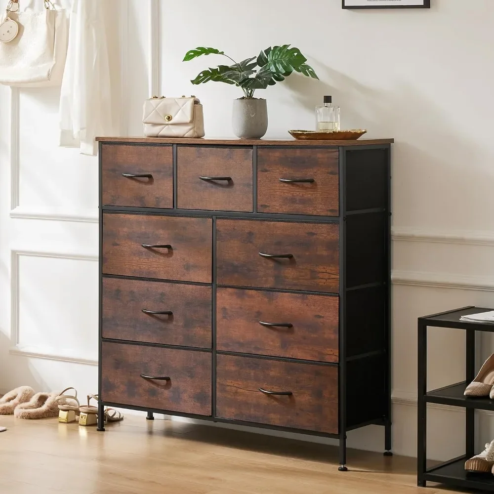 

Dresser, High Dresser with 9 Drawers, Fabric Storage Tower, Steel Frame, Wooden Top of Children's Room, Storage Drawers