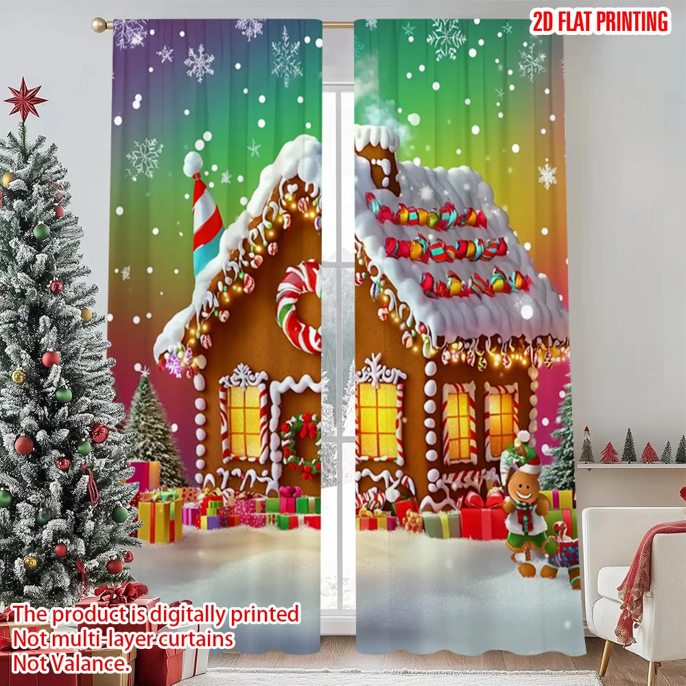 

2pcs 2D flat printing Christmas Window Drapes Christmas gingerbread house1 Machine Washable Polyester Without Electricity
