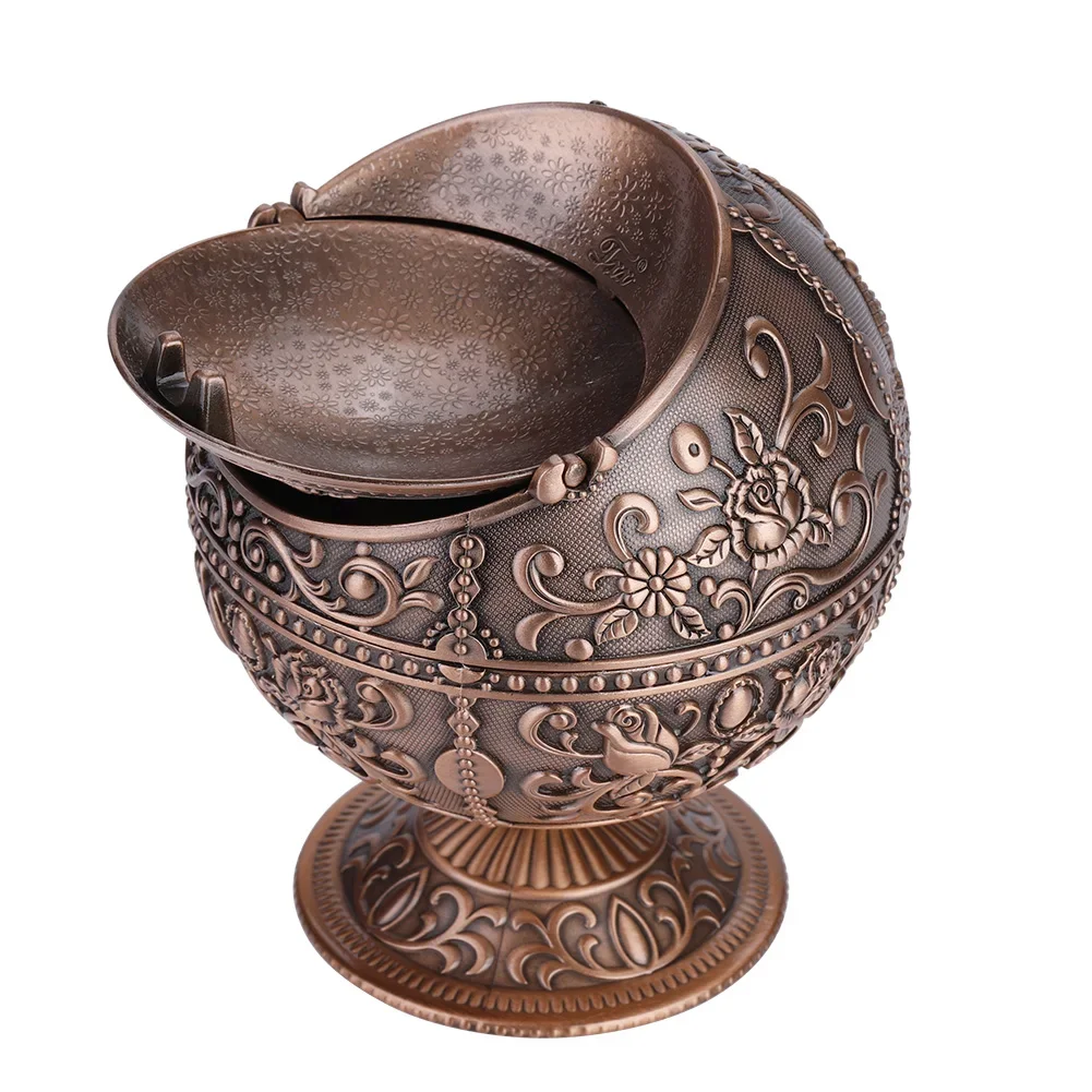 Vintage Art Craft Ashtray Metal Round Ball Stamped Pattern Gift Decoration