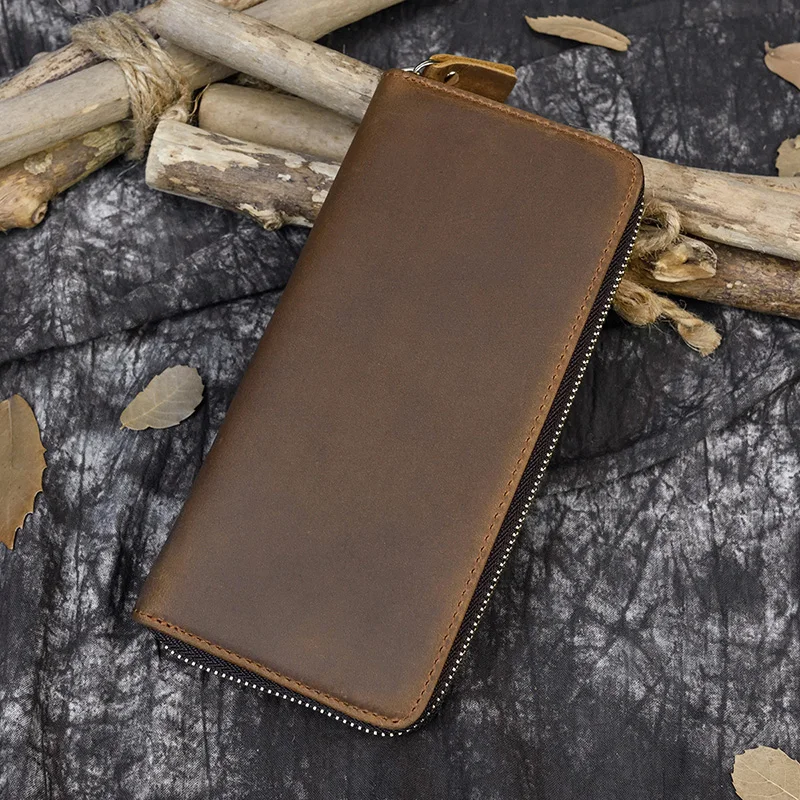 Men's crazy horse Leather long wallet Zip around genuine leather wallet Phone case purse with coin pocket 4 interlayer pocket