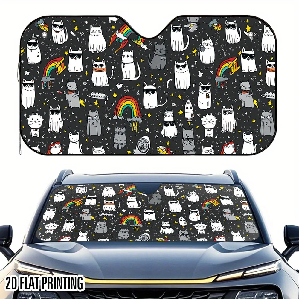 1pc 2D Flat Cool Cats Adventure Design Car Sunshade - Stylish & Efficient, Keeps Your Vehicle Cool, Includes 4 Suction Cups, Fol