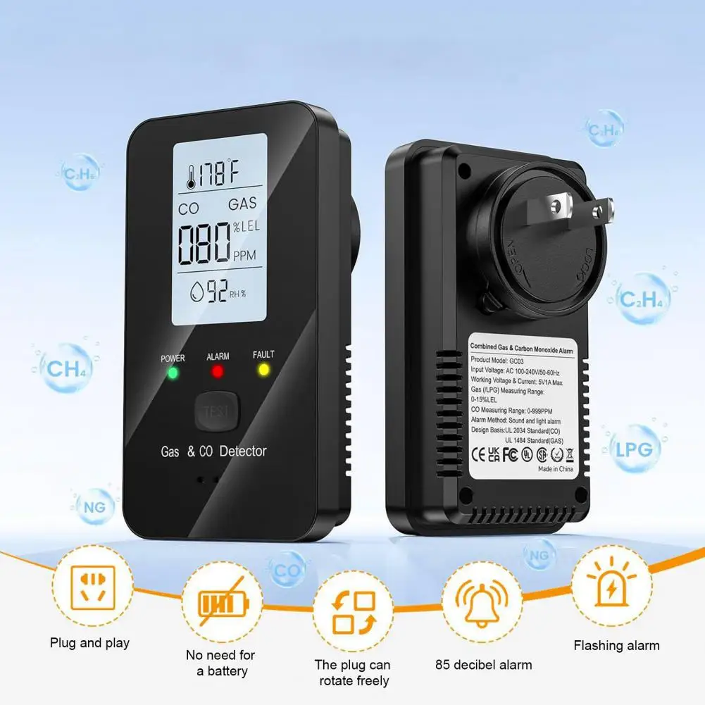 Natural Gas & Carbon Monoxide Detector, Plug in Carbon Monoxide Alarm,Propane,Methane,4-in-1 Combustible Gas & CO Detector Alarm