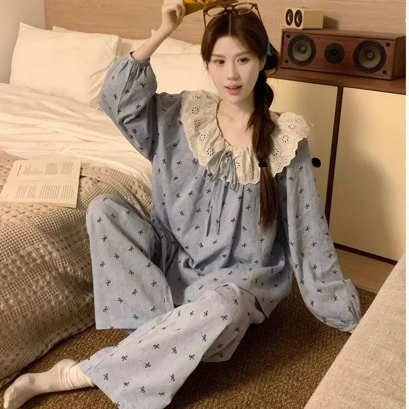 Girls Long-Sleeved Trousers Home Clothes Set Women's Sweet Cartoon Round Neck Pullover Pajamas Girls Fashion Soft Two-Piece Set
