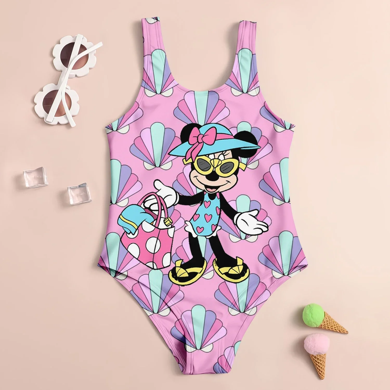 MINISO Disney Mickey Mouse Girl Swimsuit Children's Swimsuit 3D Cartoon Print Cute Sand Swimsuit Fashion Children's Clothing