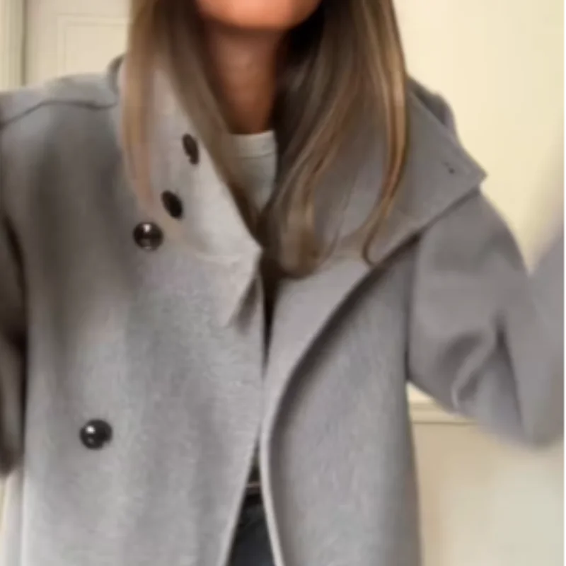 Dunkelblaue Wolljacke für Damen, 2025, Frühling, einreihig, Stehkragen, lockerer weiblicher Mantel, Bürodame, Straße, kurze Oberbekleidung, Tops – Detail 30