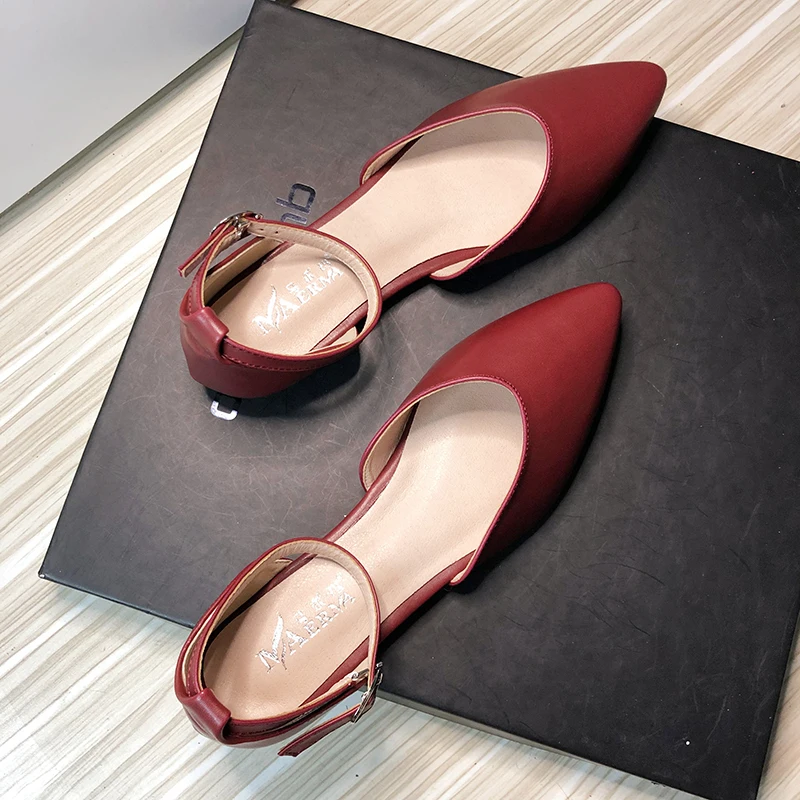 Women Flats Summer Pu Leather Pointed Flat Shoes for Women Back Strap Maroon Apricot Zapatos Planos De Mujer Large Size 43 44 42