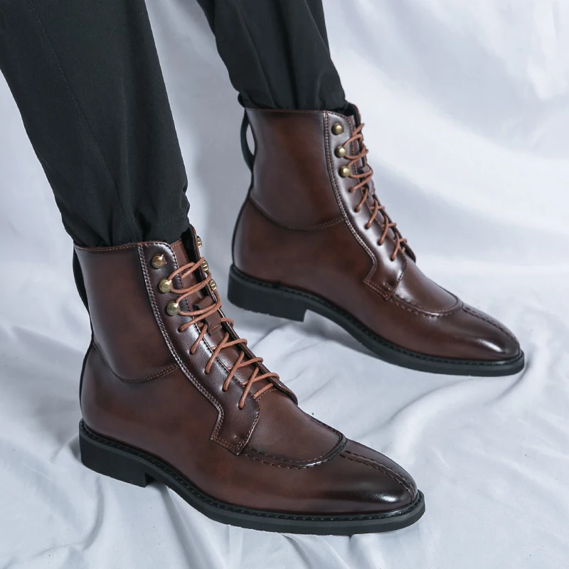 British Style Men Brown Leather Boots Pointed Toe Lace-up Leather Ankle Boots For Men Autumn Winter High Top Men Dress Shoes