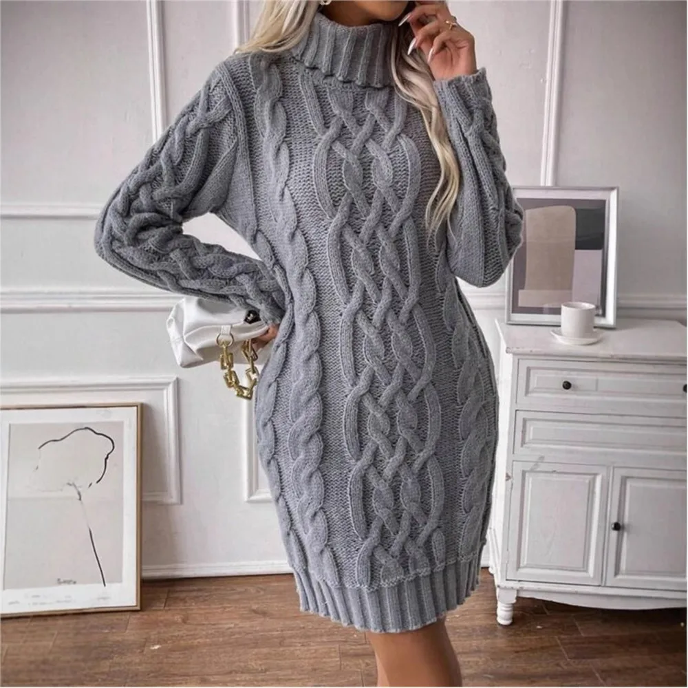 Winter Clothes Woman Pulls Femmes High Neck Vestidos Slim Fit Sweater Knitted Long Sleeve Dress All-match Simple Style Commuting