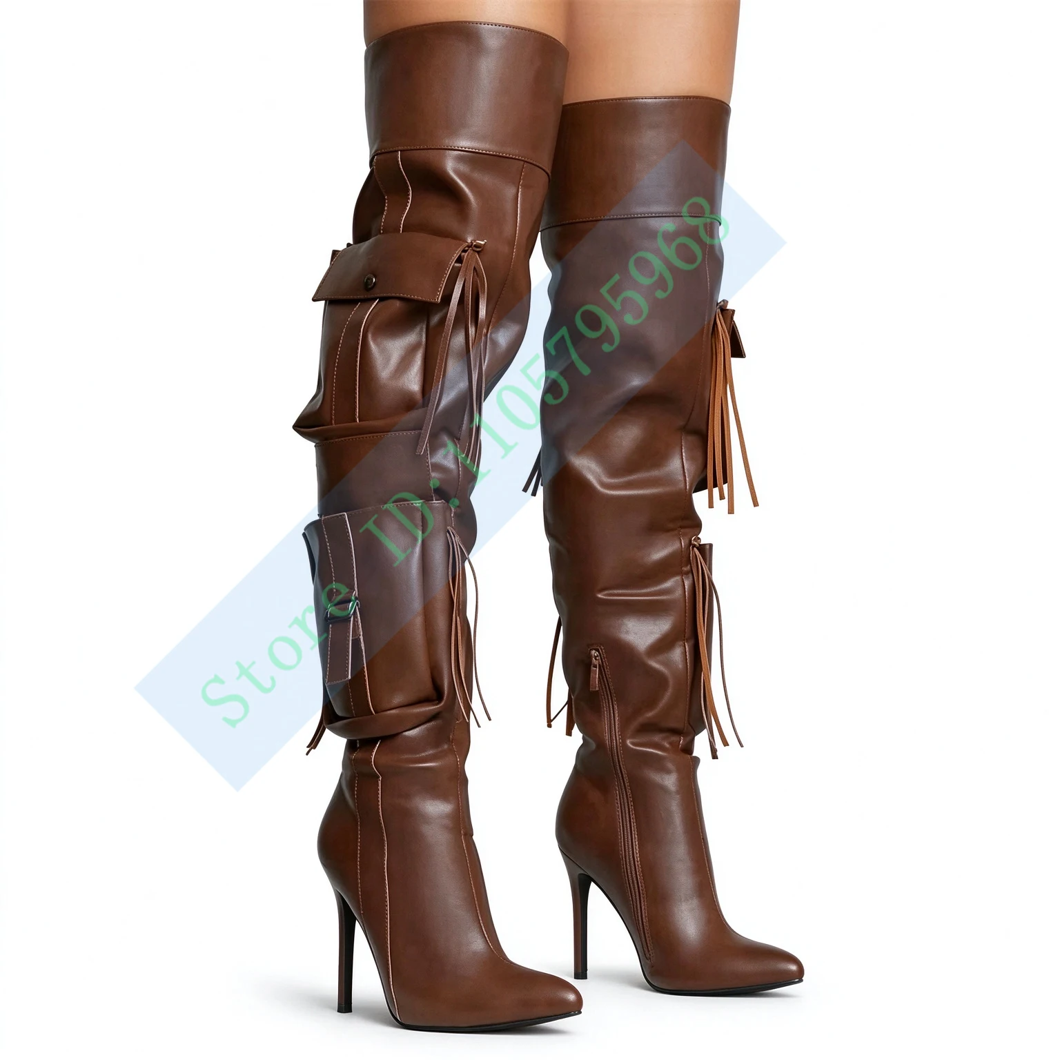 Women's Brown Thigh High Boots Pointed Toe Stiletto Heel Over The Knee Boots with Pocket Tassel Design Fashion Dress Boots for P