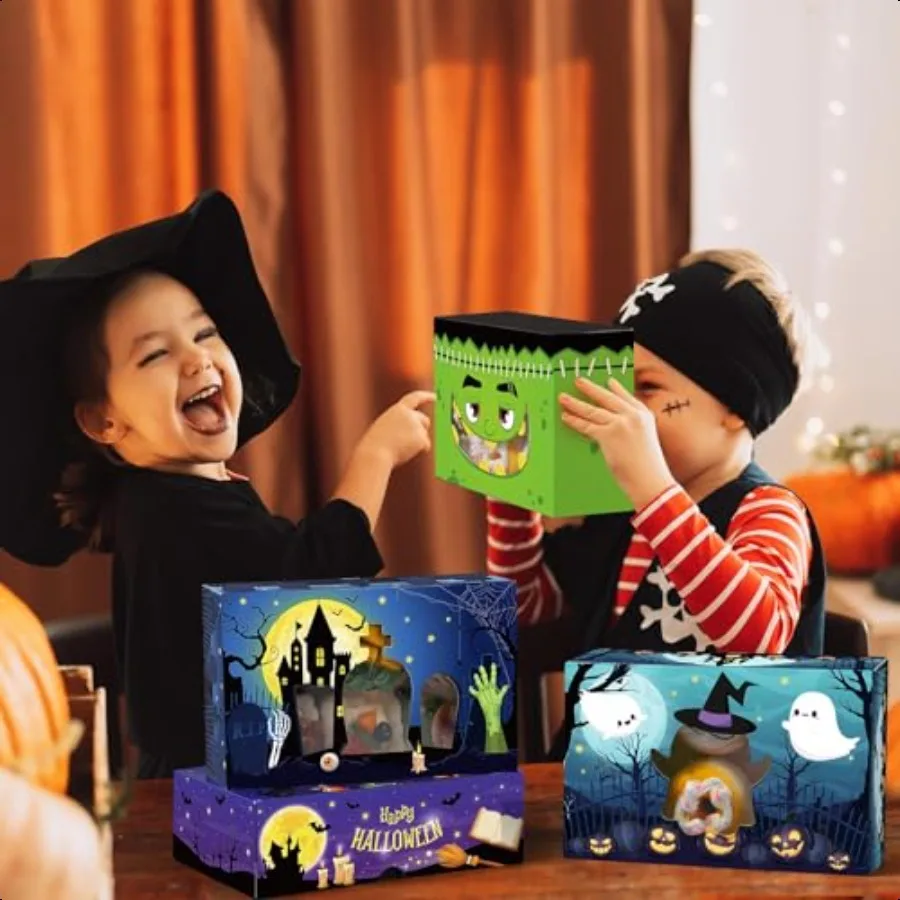 36 Pcs Halloween  Boxes with Window 8.7 x 5.5 x 2.8 Inch Halloween Treat Boxes Bulk Cupcake Candy Dert Containers for Bakery Pa