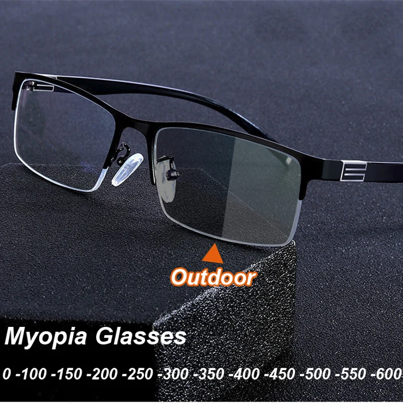 Business Style Half Frame Photochromic Glasses Unisex Women Men Myopia Eyeglasses Finished Optical Minus Eyewear Diopter To -6.0