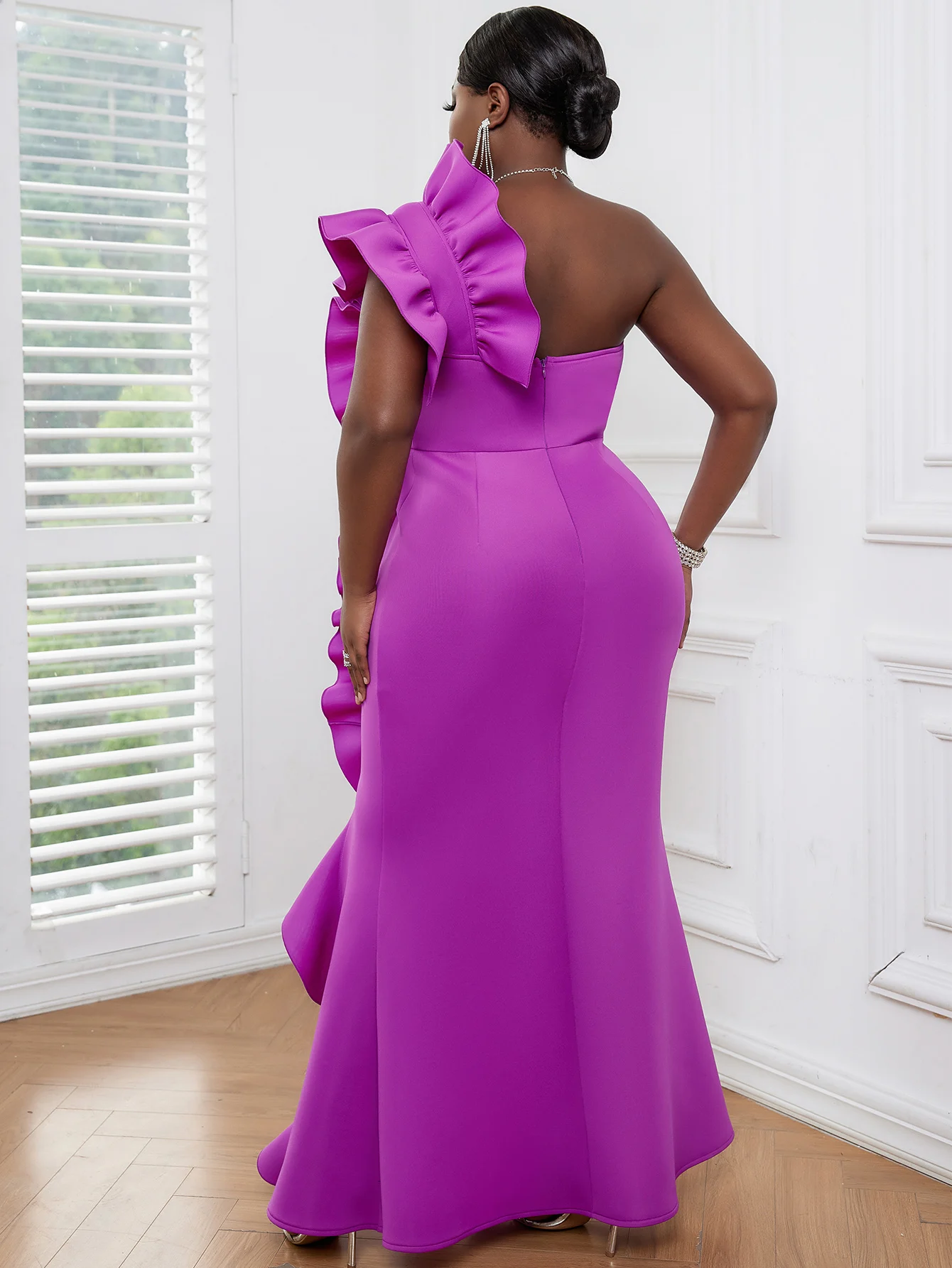 African Women Long Party Dresses Formal Gowns Mermaid Floor Lengh One Shoulder Backless Big Ruffles Fishtail Evening Night Out