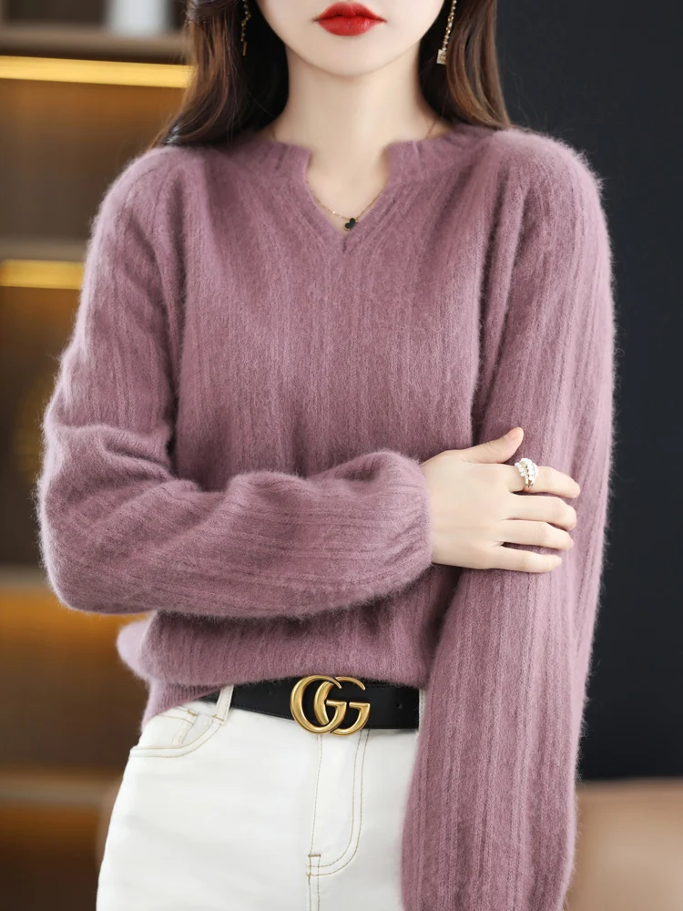 100% Mink Cashmere Sweater Women\'s V-Neck Bubble Sleeve Knitted Pullover Fashion Large Size Base Shirt Loose Warm Tops Clothing