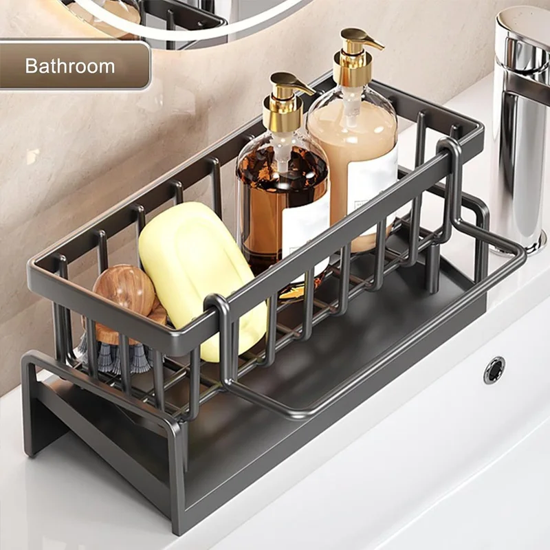 

Stainless Steel Faucet Caddy - 2-Tier Sponge Holder for Kitchen Sink, Dish Soap & Scrubber Organizer, Drying Rack with Drain Tra